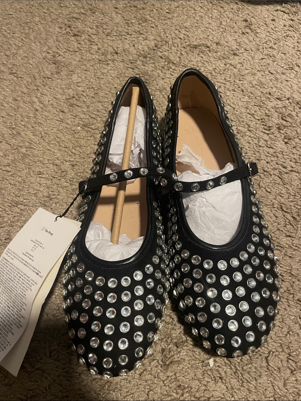 Black Crystal-Studded Mary Jane Flats